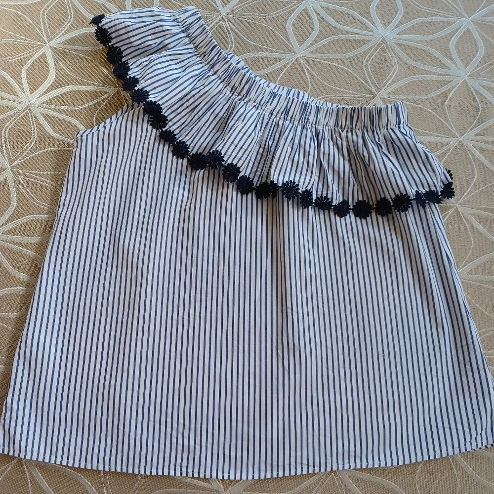 LOFT Navy and White One-Shoulder Striped Ruffle Top